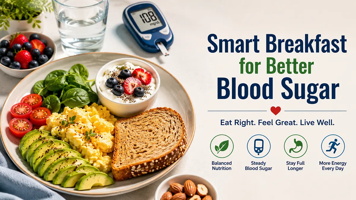 Best Breakfast for Diabetes featuring eggs, avocado, whole grain toast, Greek yogurt, berries, and a glucose meter for balanced blood sugar control.