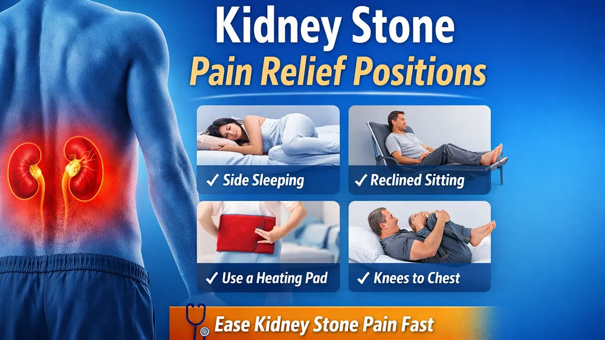 kidney stone pain relief positions illustration showing best sleeping and sitting positions for fast pain relief