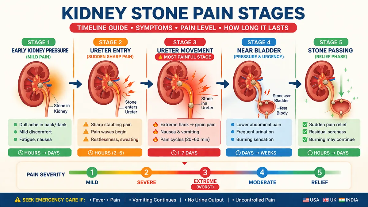 kidney stone pain stages timeline infographic