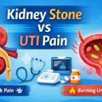 Kidney stone vs UTI pain comparison illustration showing symptoms like flank pain, burning urination, bladder infection, and kidney stone discomfort.