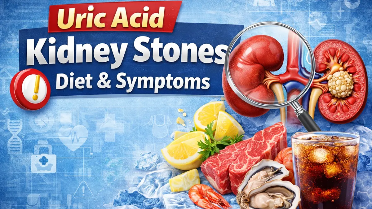 Uric acid kidney stones diet and symptoms guide 2026 showing foods to avoid like red meat, shellfish, soda and prevention tips with hydration and citrus