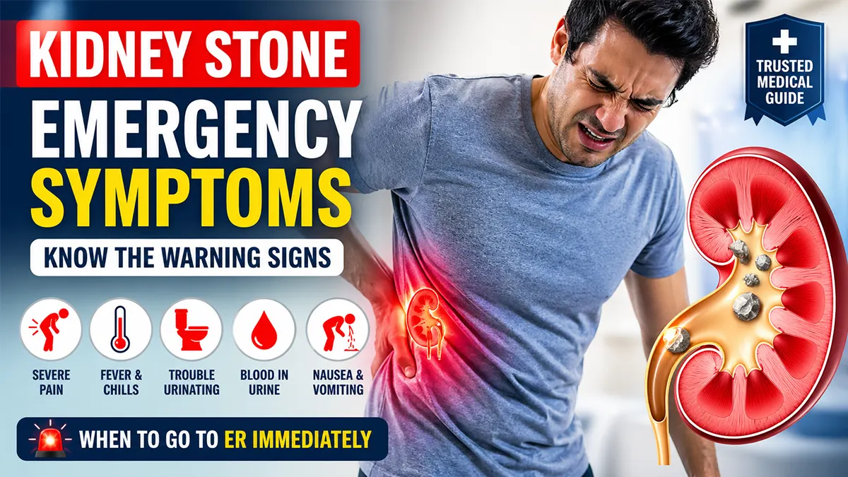 kidney stone emergency symptoms severe pain fever and urinary blockage warning signs infographic 2026