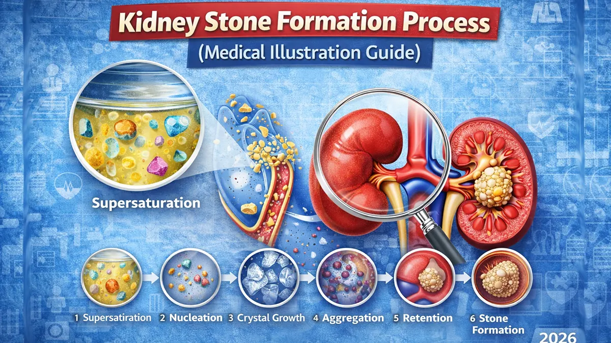 Kidney stone formation process medical illustration showing supersaturation, crystal growth, aggregation and stone development stages