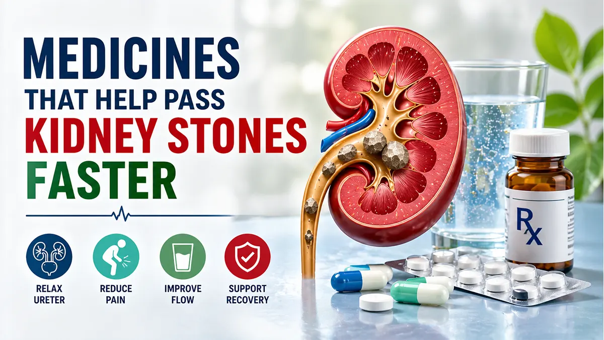 medicines that help pass kidney stones faster infographic showing kidney diagram and medical treatment 2026