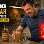 Apple cider vinegar for kidney stones shown with a man experiencing severe flank pain while holding an ACV drink in a kitchen.