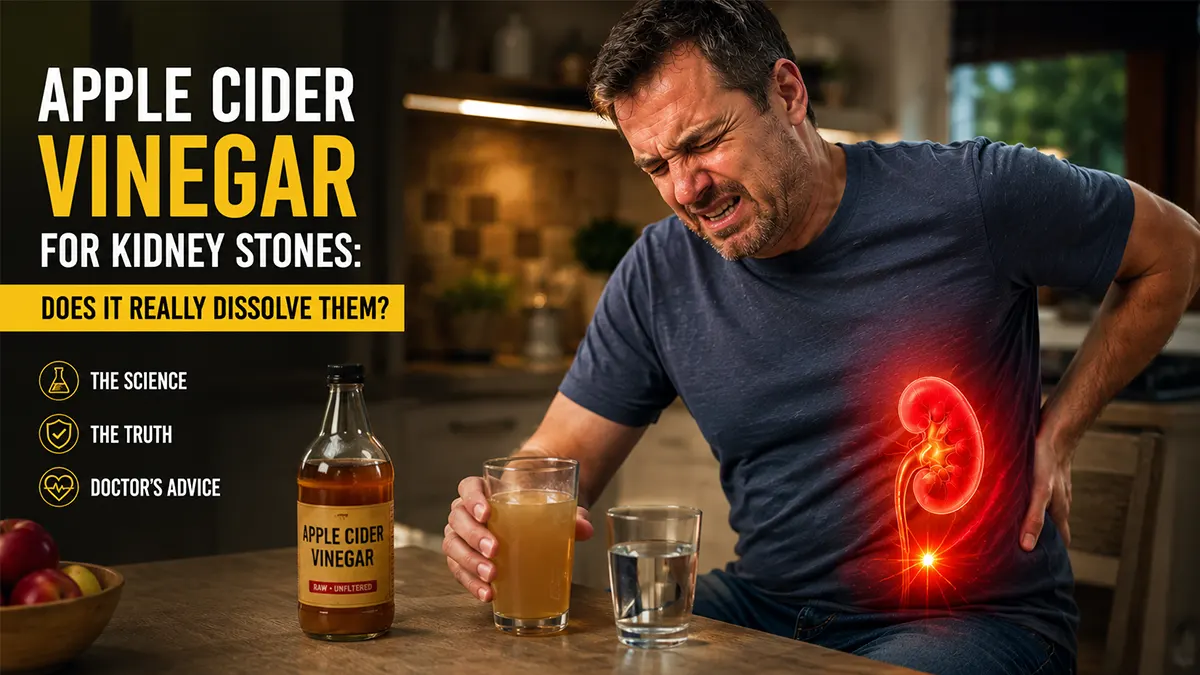 Apple cider vinegar for kidney stones shown with a man experiencing severe flank pain while holding an ACV drink in a kitchen.