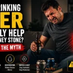 Beer for kidney stones myth explained with a man experiencing severe kidney stone pain while holding a beer bottle.
