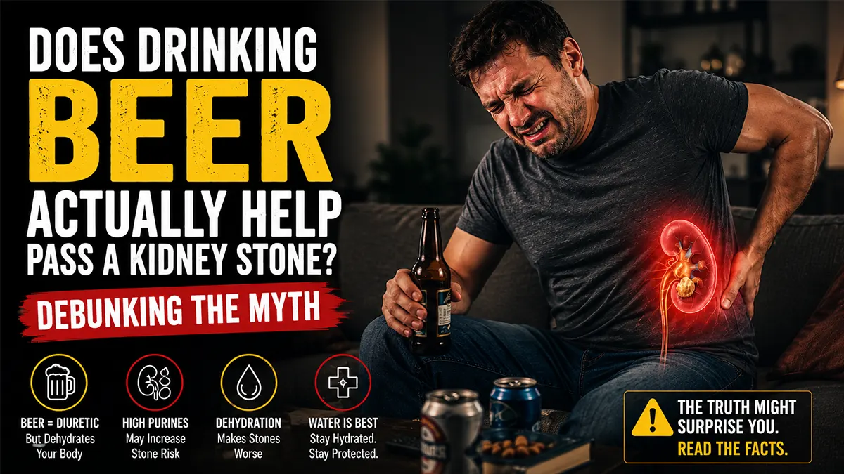 Beer for kidney stones myth explained with a man experiencing severe kidney stone pain while holding a beer bottle.