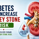 Can Diabetes Increase Kidney Stone Risk medical infographic showing high blood sugar, kidney stones, and a glucose meter.