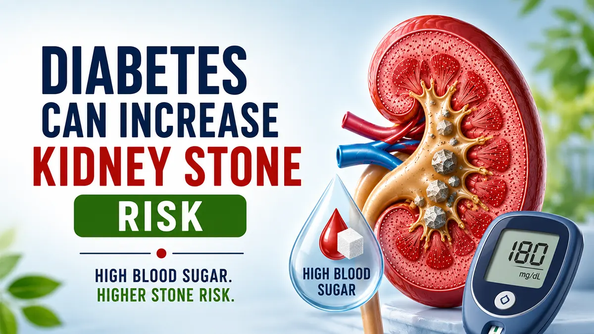 Can Diabetes Increase Kidney Stone Risk medical infographic showing high blood sugar, kidney stones, and a glucose meter.