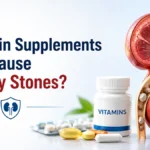 Can vitamin supplements cause kidney stones? Medical illustration showing vitamins, kidney stones, and a kidney cross-section.