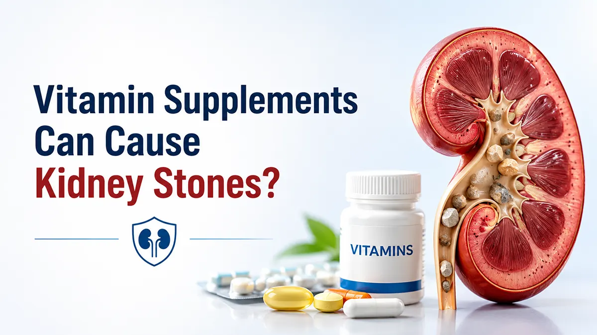 Can vitamin supplements cause kidney stones? Medical illustration showing vitamins, kidney stones, and a kidney cross-section.