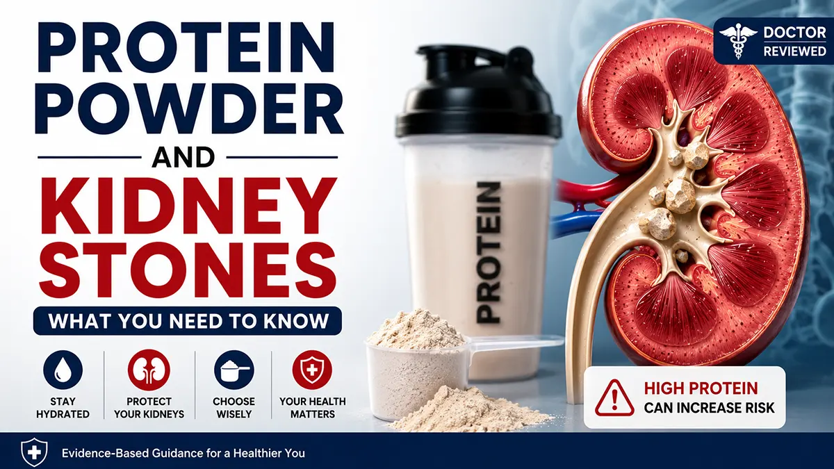 Does protein powder increase kidney stone risk? Medical infographic showing whey protein, shaker bottle, and kidneys with stones.