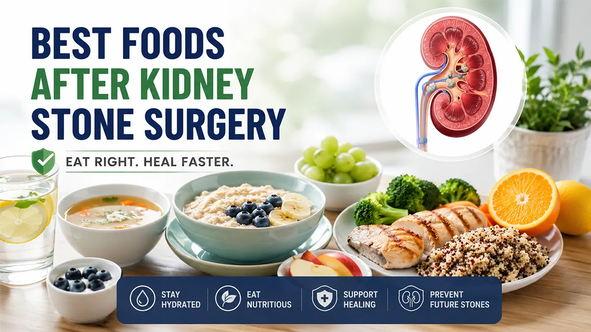 Foods to eat after kidney stone surgery including soft foods, fruits, lean protein, and hydration for faster recovery
