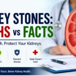 kidney stone myths vs facts infographic showing medical kidney illustration and prevention tips 2026
