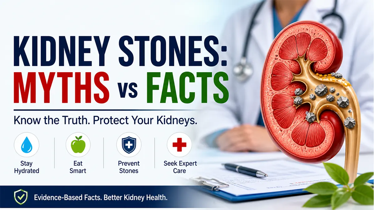 kidney stone myths vs facts infographic showing medical kidney illustration and prevention tips 2026