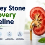 kidney stone recovery timeline infographic showing day by day healing and hydration medical illustration 2026