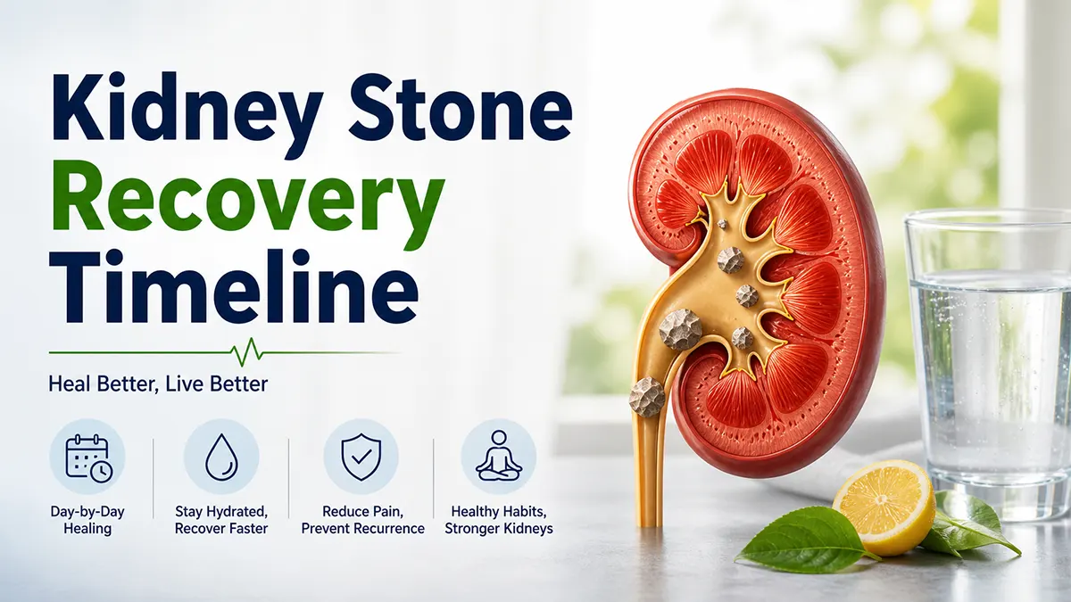 kidney stone recovery timeline infographic showing day by day healing and hydration medical illustration 2026