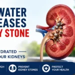 Kidney Stones and Low Water Intake medical infographic showing a kidney with stones and a glass of water.