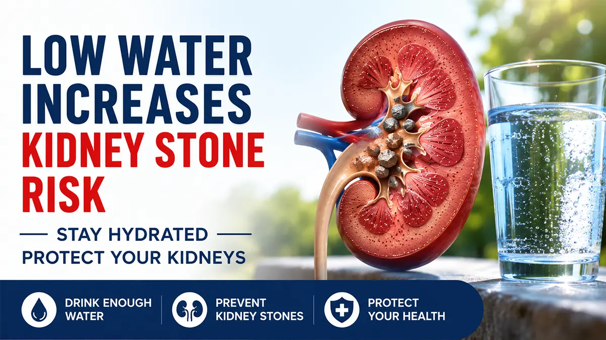 Kidney Stones and Low Water Intake medical infographic showing a kidney with stones and a glass of water.