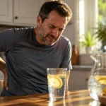 Lemon water for kidney stones shown with a man experiencing lower back pain while sitting at a kitchen table.