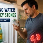 Sparkling water and kidney stones image showing a man checking a seltzer label while experiencing mild kidney pain.