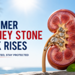 Summer Kidney Stone Risk illustration showing a kidney with stones, water bottle, and lemon to highlight dehydration and kidney stone prevention during hot weather.