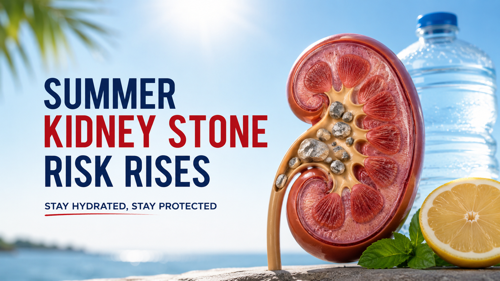 Summer Kidney Stone Risk illustration showing a kidney with stones, water bottle, and lemon to highlight dehydration and kidney stone prevention during hot weather.