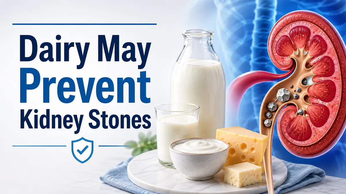 The Paradox of Calcium Why You Shouldn't Stop Dairy to Prevent Stones infographic showing dairy products and kidney stone prevention