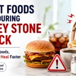 Worst Foods to Eat During a Kidney Stone Attack illustration showing fast food, soda, coffee, and salty foods that may worsen kidney stone pain and dehydration.