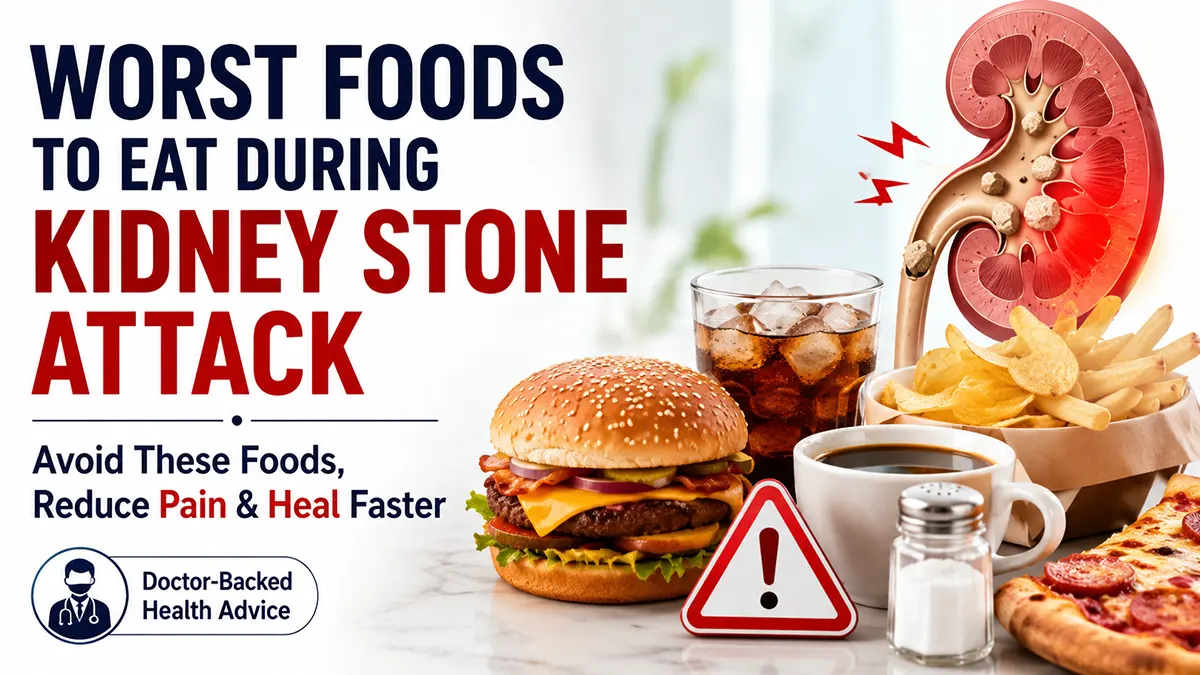 Worst Foods to Eat During a Kidney Stone Attack illustration showing fast food, soda, coffee, and salty foods that may worsen kidney stone pain and dehydration.