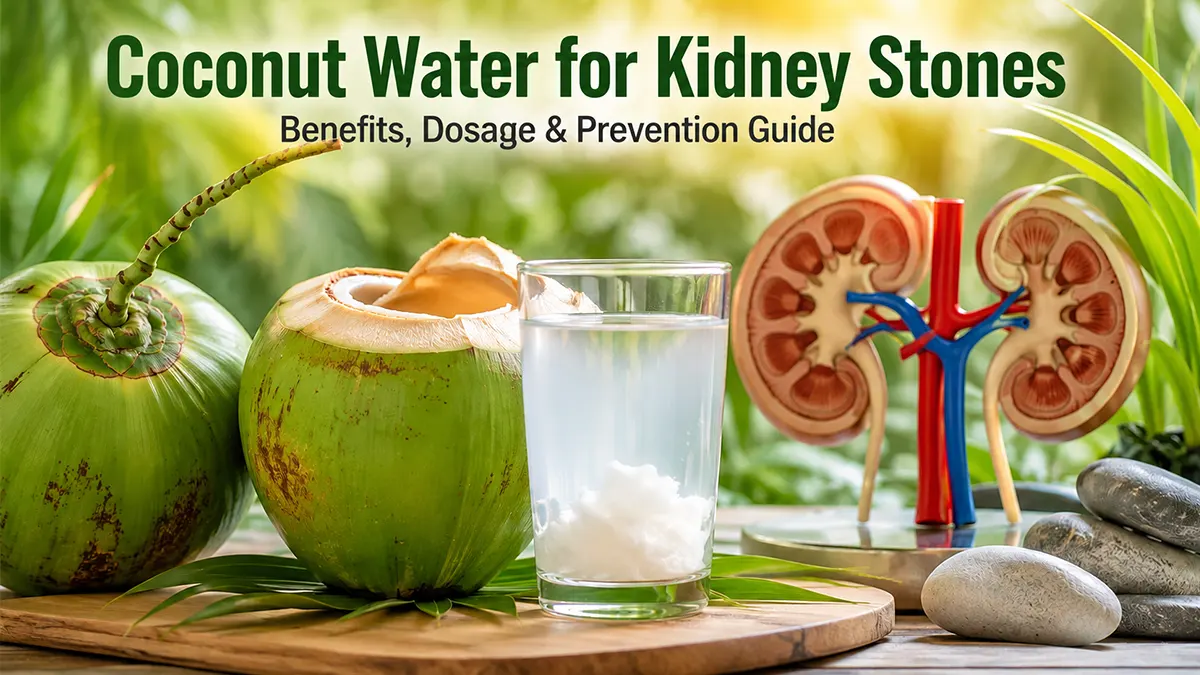 Coconut water for kidney stones with fresh tender coconuts, kidney health concept, hydration benefits, dosage guidance, and kidney stone prevention.
