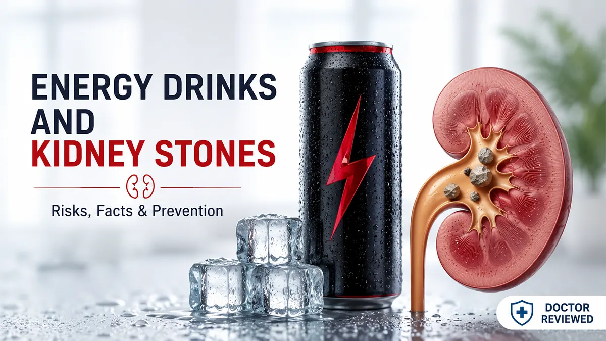 Can energy drinks cause kidney stones? An energy drink can beside an anatomical kidney model with kidney stones, illustrating the potential effects of caffeine, sugar, and dehydration on kidney health.