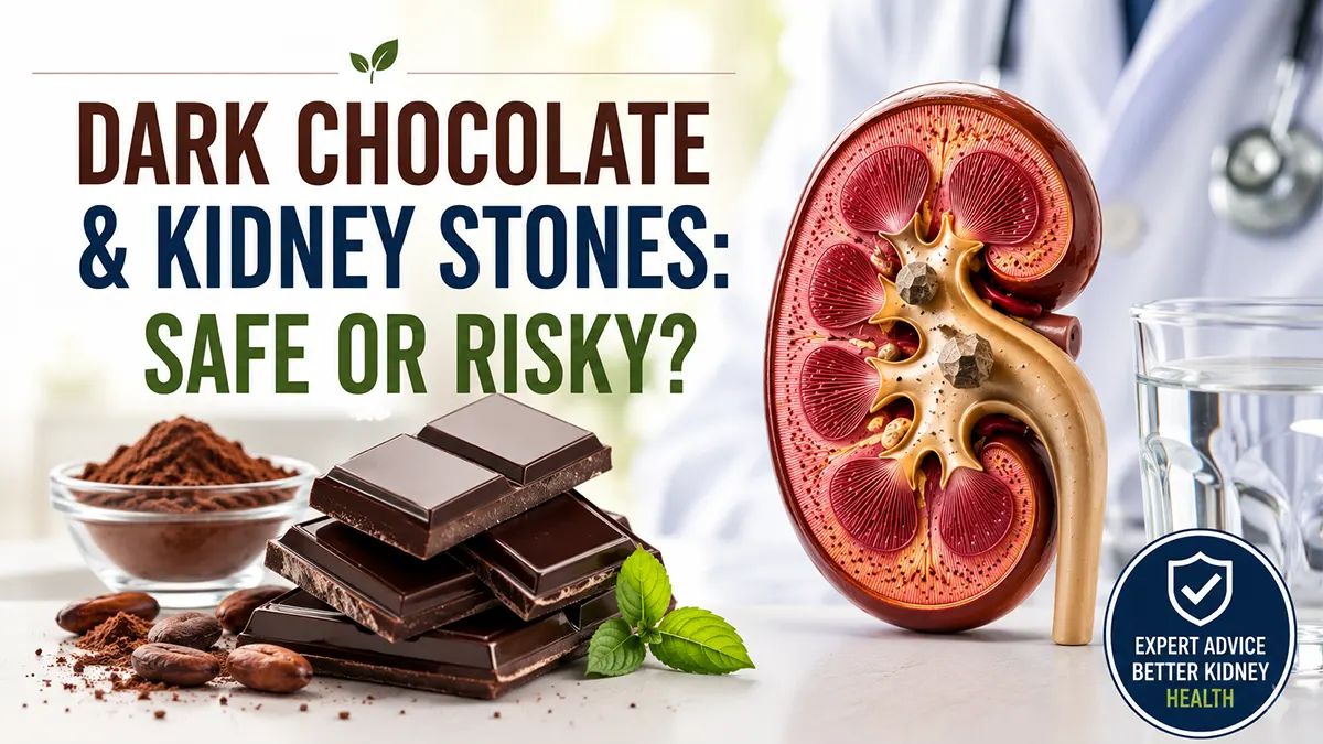 Can I eat dark chocolate with kidney stones? Dark chocolate bars beside an anatomical kidney model illustrating oxalate content and kidney stone risk.