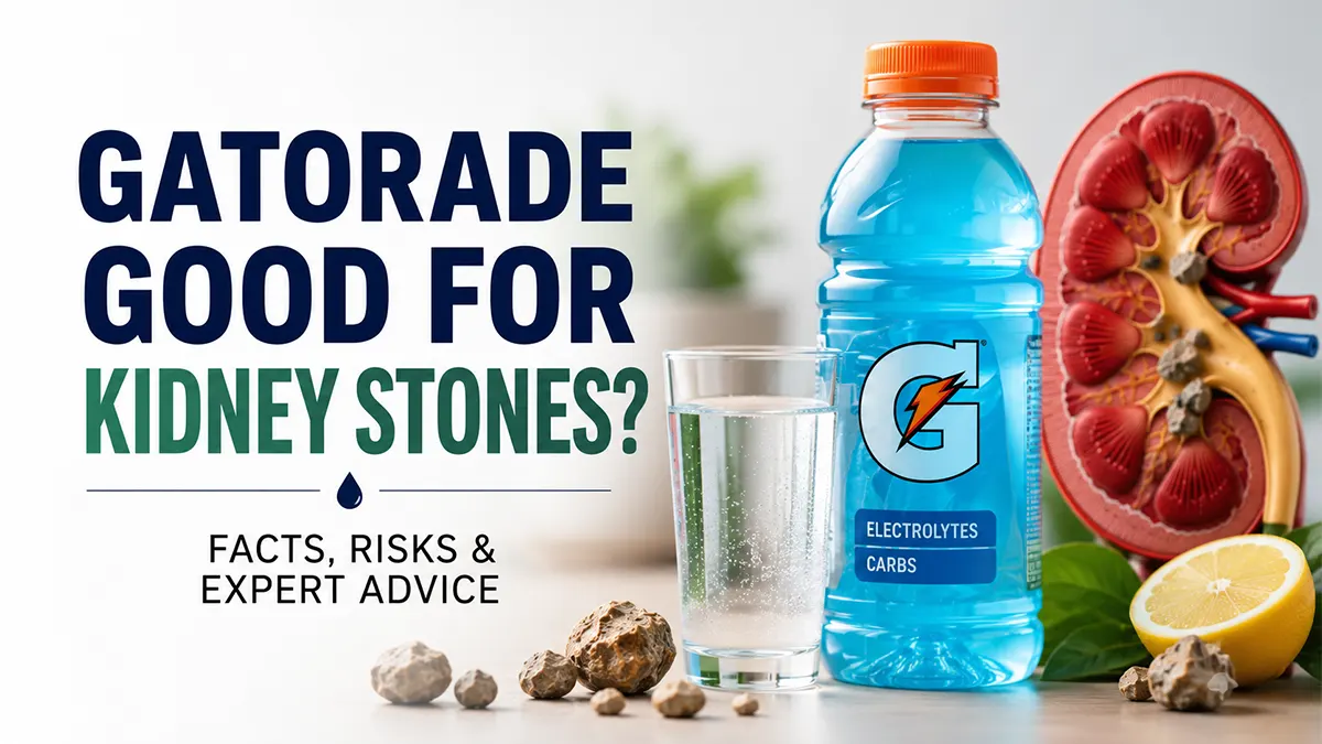 Is Gatorade good for kidney stones? Medical illustration showing a sports drink, glass of water, kidney with stones, and hydration tips for kidney stone prevention.