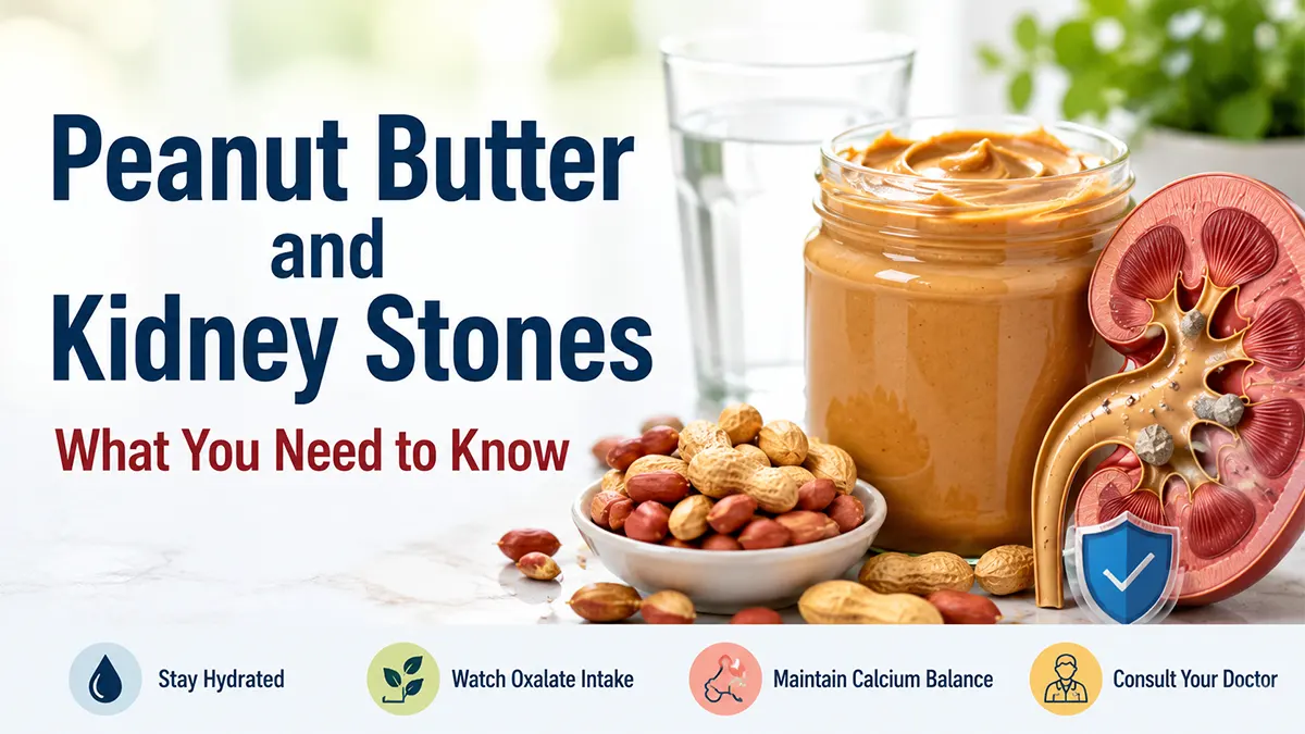 Is peanut butter bad for kidney stones? A jar of peanut butter with peanuts beside an anatomical kidney model, illustrating oxalate content and kidney stone risk.