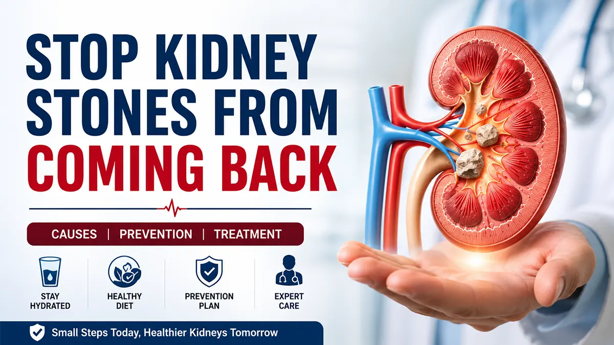 Why do kidney stones keep coming back? Medical illustration showing recurrent kidney stones inside a kidney with prevention strategies for reducing kidney stone recurrence.