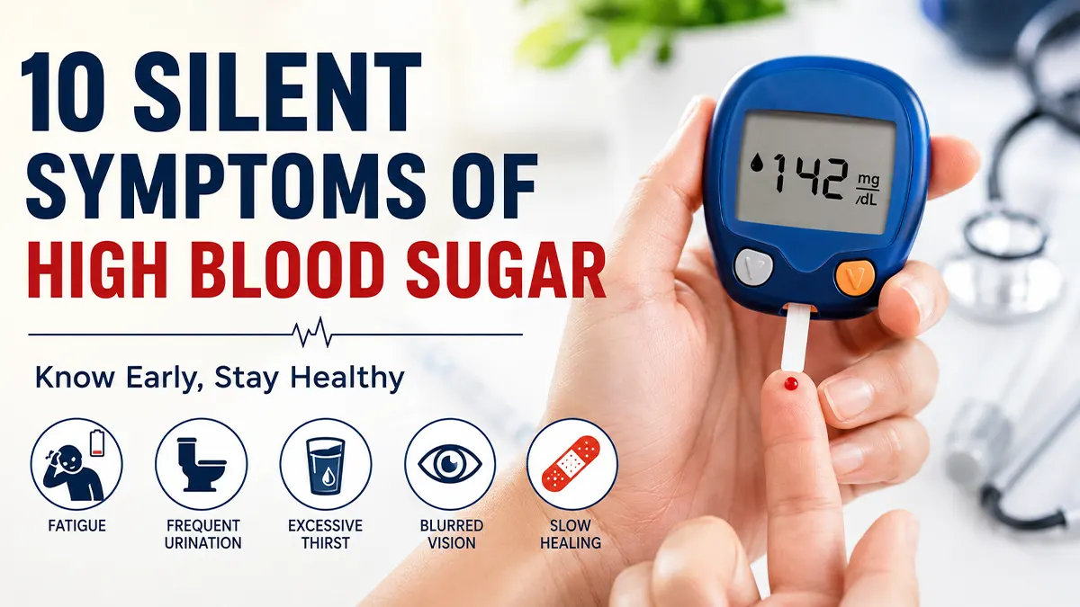 10 silent symptoms of high blood sugar with a glucose meter, including fatigue, frequent urination, excessive thirst, blurred vision, and slow-healing wounds.