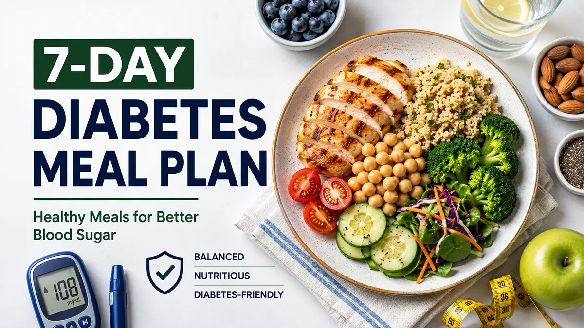 7-Day Diabetes Meal Plan with healthy vegetables, whole grains, protein and fruit