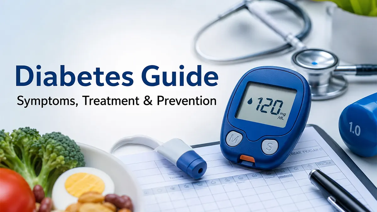Diabetes Guide showing blood sugar monitor, healthy foods, and medical tools for diabetes symptoms, treatment, and prevention.