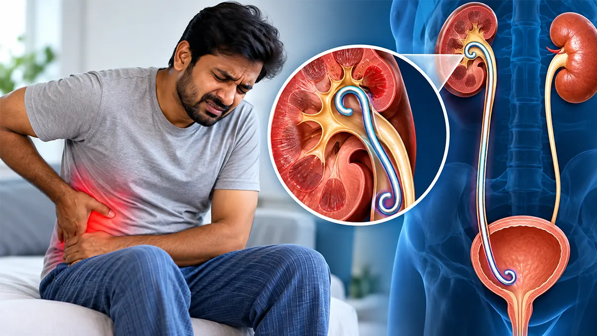 ureteral stent pain relief diagram showing double-j stent in kidney and bladder